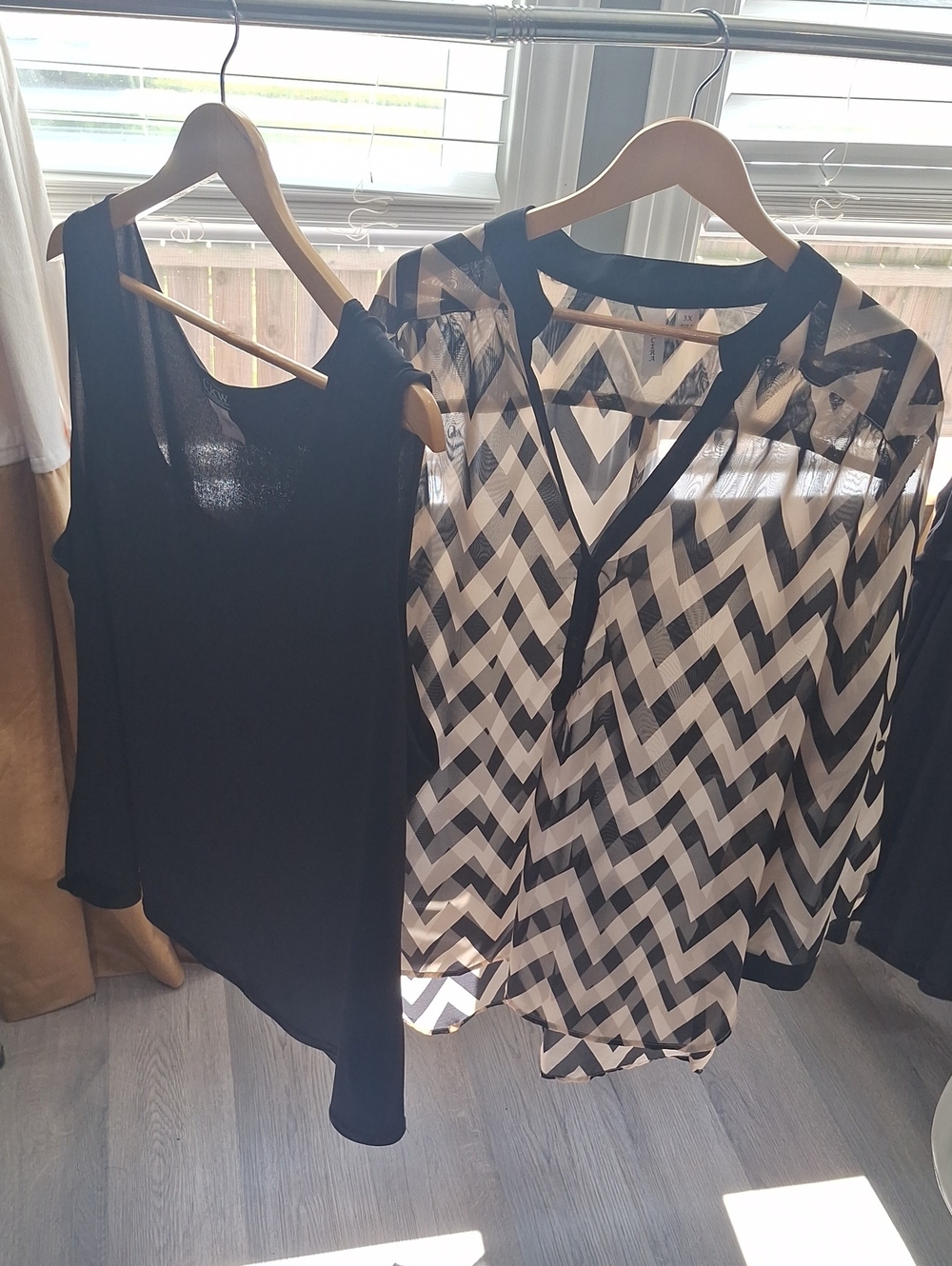 Tacera Black and White Chevron Sheer V-Neck Blouse